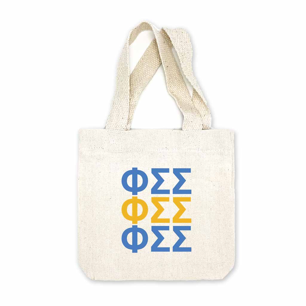 Phi Sigma Sigma sorority letters digitally printed in sorority colors on natural canvas mini tote gift bag.