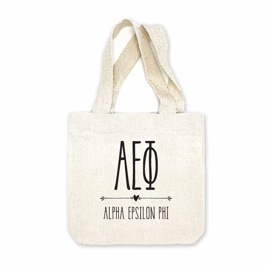 Alpha Epsilon Phi sorority name and letters digitally printed in black ink boho design on natural canvas mini tote gift bag.