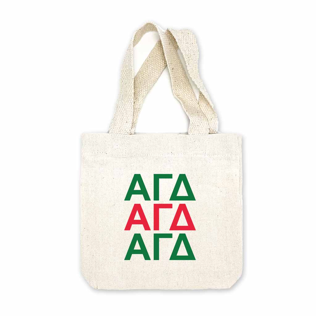 Sorority greek letters printed in sorority colors on natural canvas mini tote gift bag.