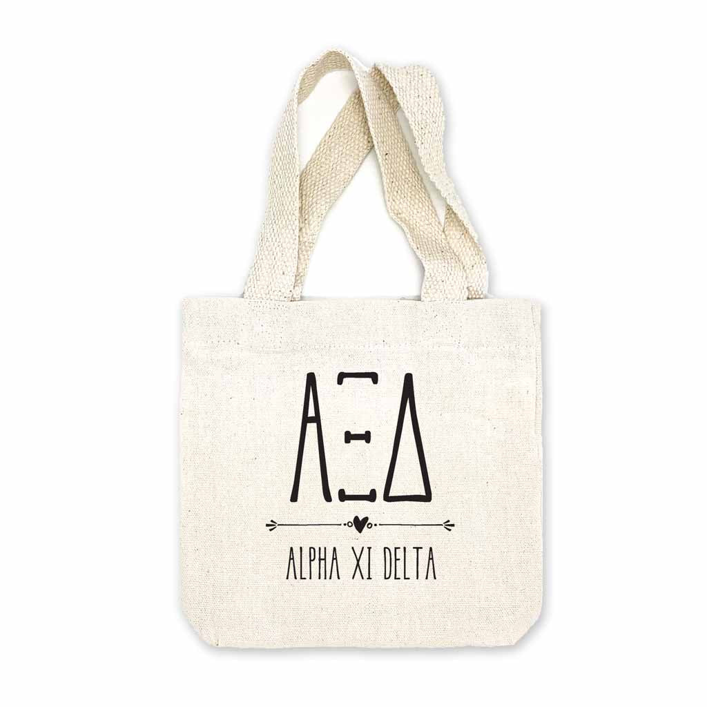Alpha Xi Delta sorority name and letters digitally printed in black ink boho design on natural canvas mini tote gift bag.