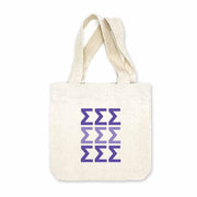 Sigma Sigma Sigma  sorority letters digitally printed in sorority colors on natural canvas mini tote gift bag.