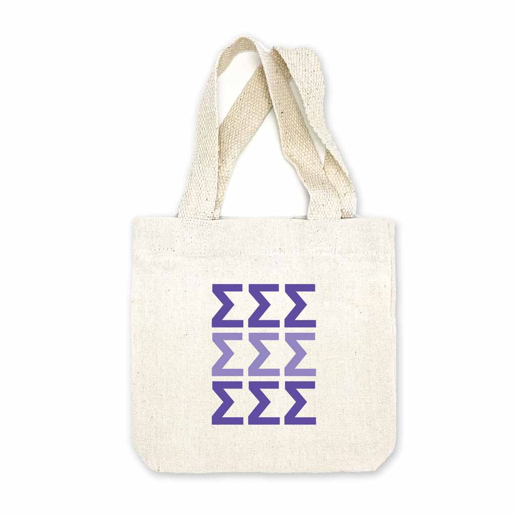 Sorority greek letters printed in sorority colors on natural canvas mini tote gift bag.