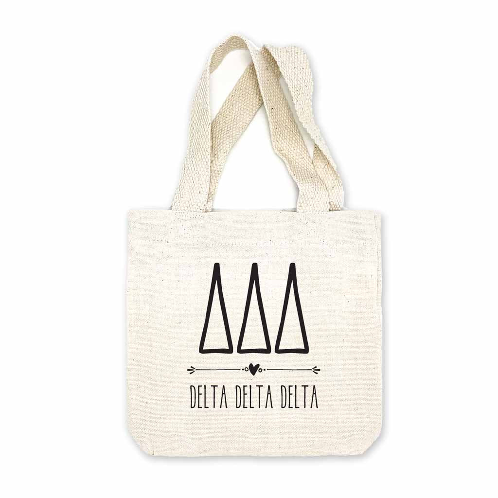 Delta Delta Delta sorority name and letters digitally printed in black ink boho design on natural canvas mini tote gift bag.