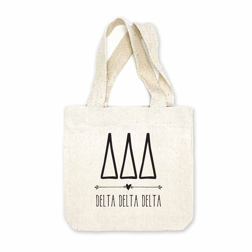 Delta Delta Delta sorority name and letters digitally printed in black ink boho design on natural canvas mini tote gift bag.