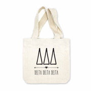 Delta Delta Delta sorority name and letters digitally printed in black ink boho design on natural canvas mini tote gift bag.