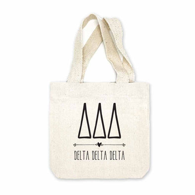 Delta Delta Delta sorority name and letters digitally printed in black ink boho design on natural canvas mini tote gift bag.