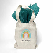 Sorority name printed with rainbow design on mini natural canvas tote bag makes the perfect gift for your sorority sisters.
