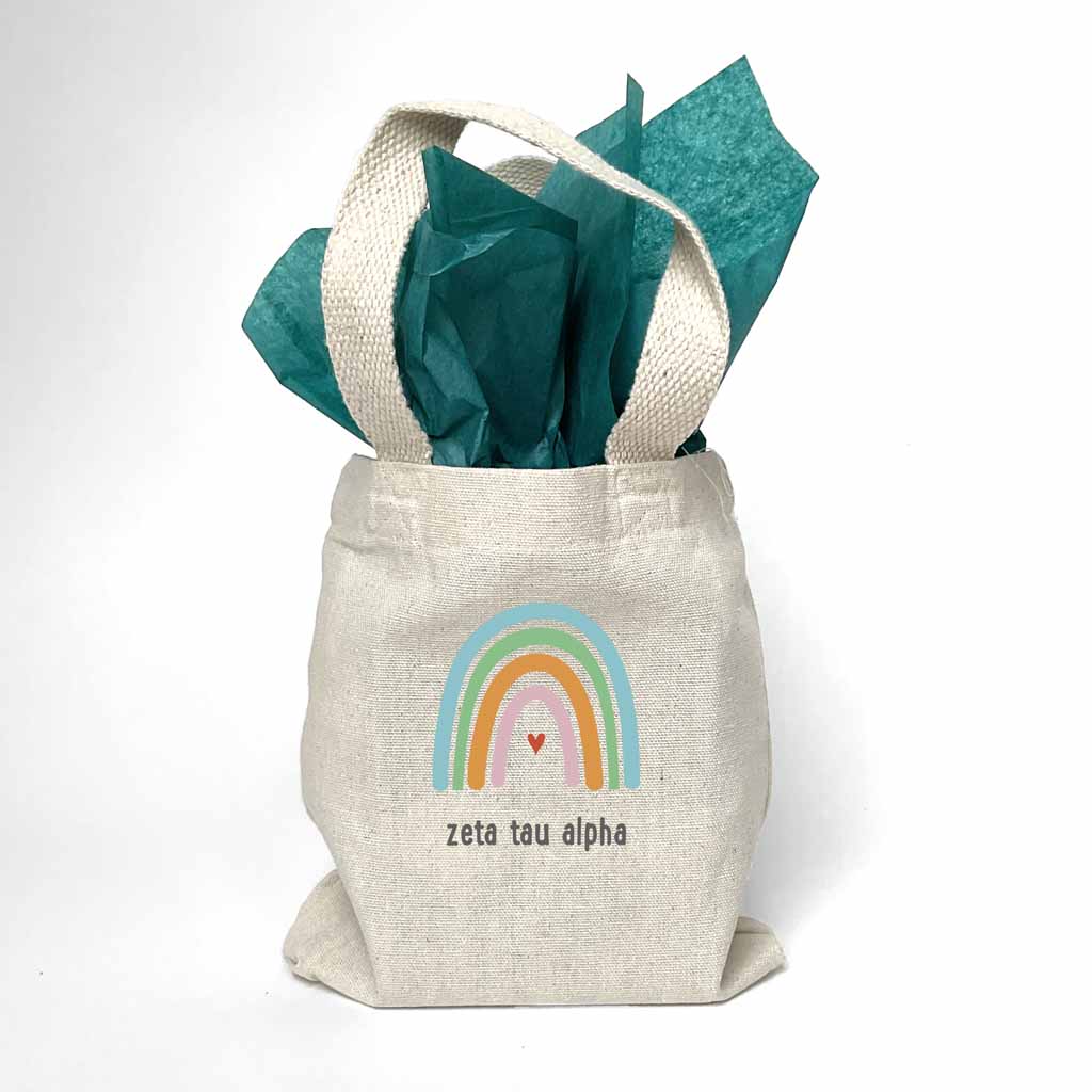 Sorority name printed with rainbow design on mini natural canvas tote bag makes the perfect gift for your sorority sisters.