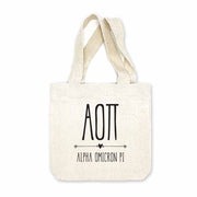 Alpha Omicron Pi sorority name and letters digitally printed in black ink boho design on natural canvas mini tote gift bag.