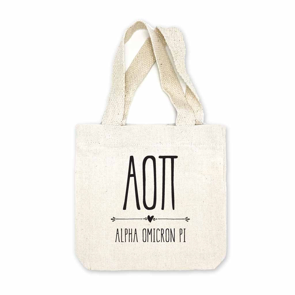 Alpha O sorority name and letters digitally printed in black ink boho design on natural canvas mini tote gift bag.