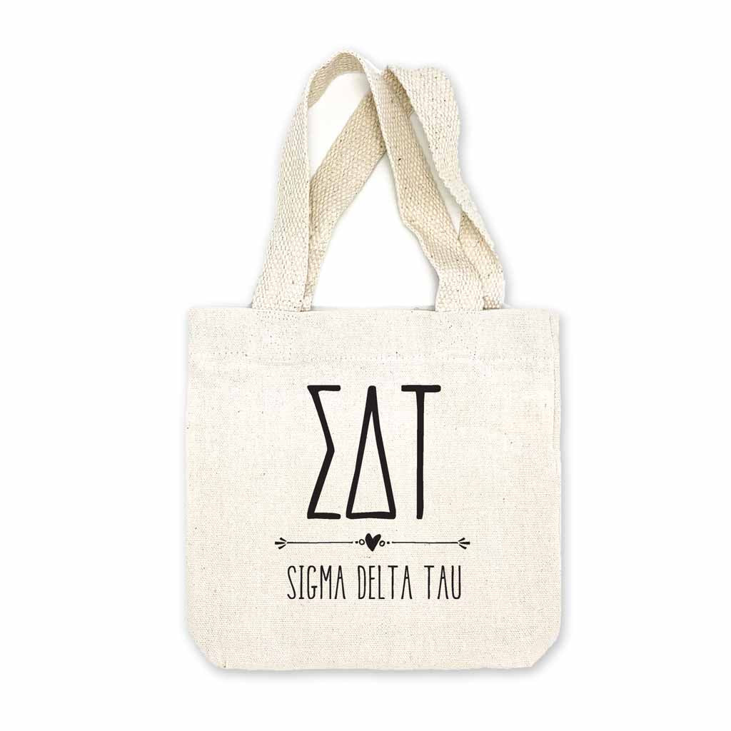 Sigma Delta Tau sorority name and letters digitally printed in black ink boho design on natural canvas mini tote gift bag.