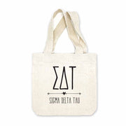 Sigma Delta Tau sorority name and letters digitally printed in black ink boho design on natural canvas mini tote gift bag.