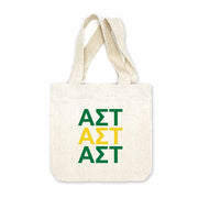 Alpha Sigma Tau sorority letters digitally printed in sorority colors on natural canvas mini tote gift bag.