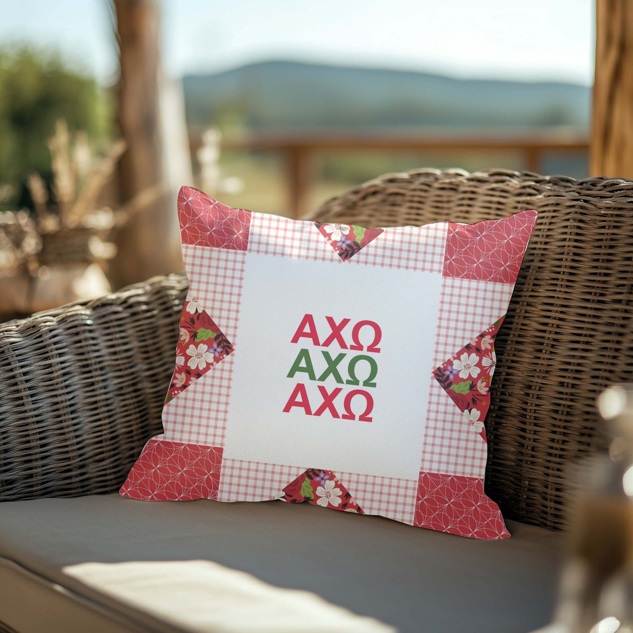 Chi Omega quilt square pillow example.