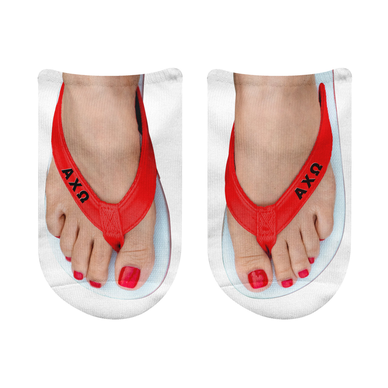 Alpha Chi Omega Greek letter flip flop no show socks with bright sorority color straps