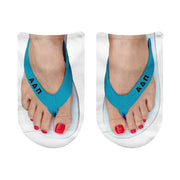 Alpha Delta Pi no show socks with Greek letters on colorful flip flop straps