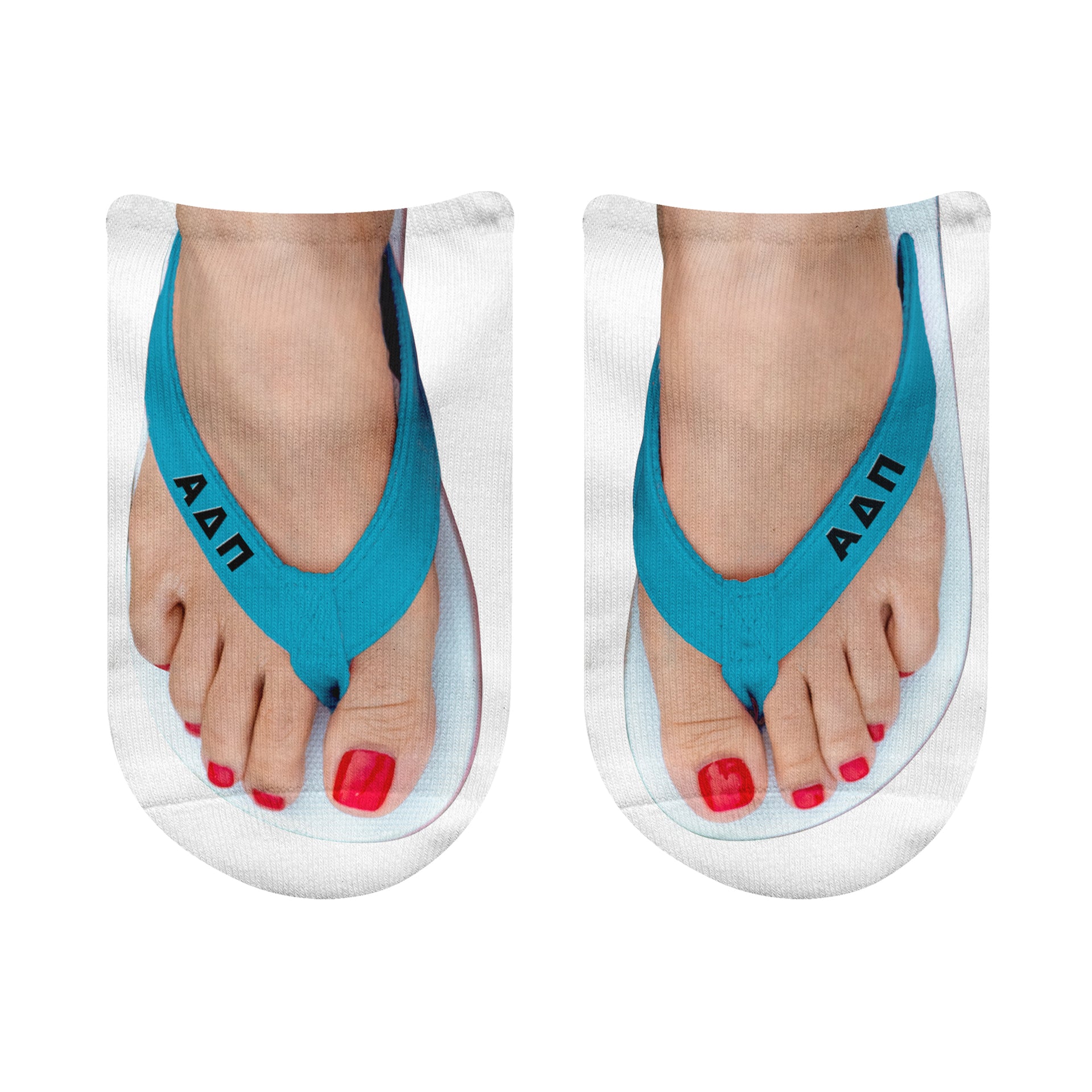 Alpha Delta Pi no show socks with Greek letters on colorful flip flop straps