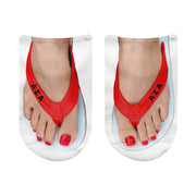 Alpha Sigma Alpha Greek letter flip flop socks with vibrant strap design