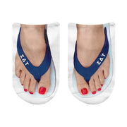 Sigma Delta Tau no show socks with bold Greek letters on flip flop straps