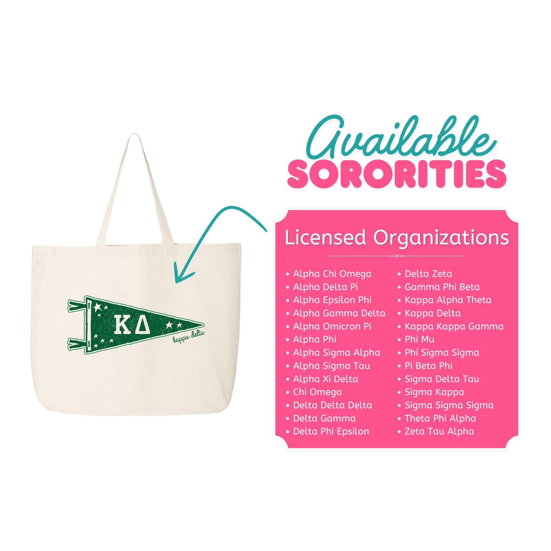 Size Large Collegiate Pennant sorority totes are available for all 26 NPC organizations.
