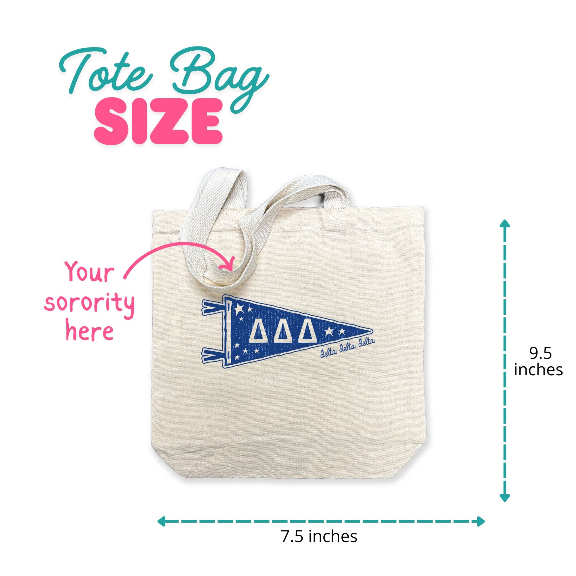 Size Medium canvas sorority tote bag size chart.