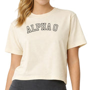 Woman wearing an Alpha Omicron Pi Comfort Colors boxy crop t-shirt featuring the sorority name in block letters 