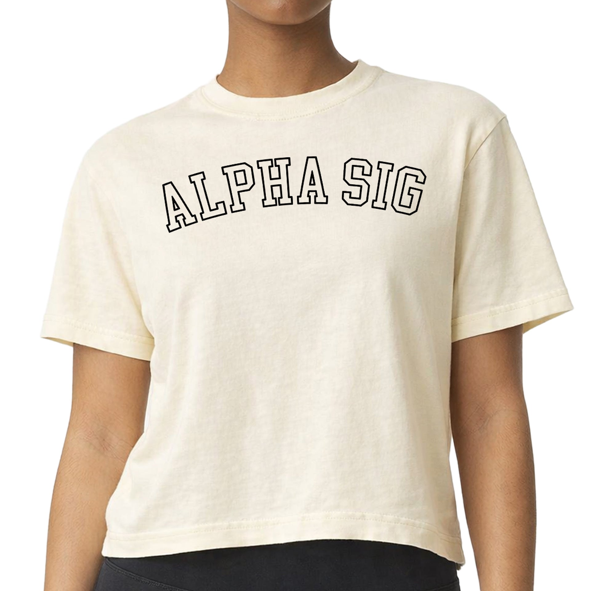 Alpha Sigma Alpha woman wearing an officially licensed Comfort Colors boxy crop t-shirt featuring the ASA sorority nickname design