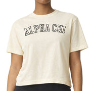 Alpha Chi Omega woman wearing an officially licensed Comfort Colors boxy crop t-shirt featuring the AXO sorority nickname design