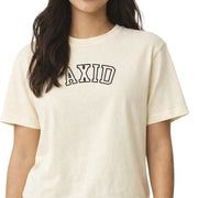 Alpha Xi Delta woman wearing an officially licensed Comfort Colors boxy crop t-shirt featuring the Alpha Xi sorority nickname design