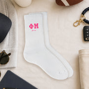 Phi Sigma Sigma crew socks styled in a sorority flat lay with Greek life accessories and campus-inspired décor