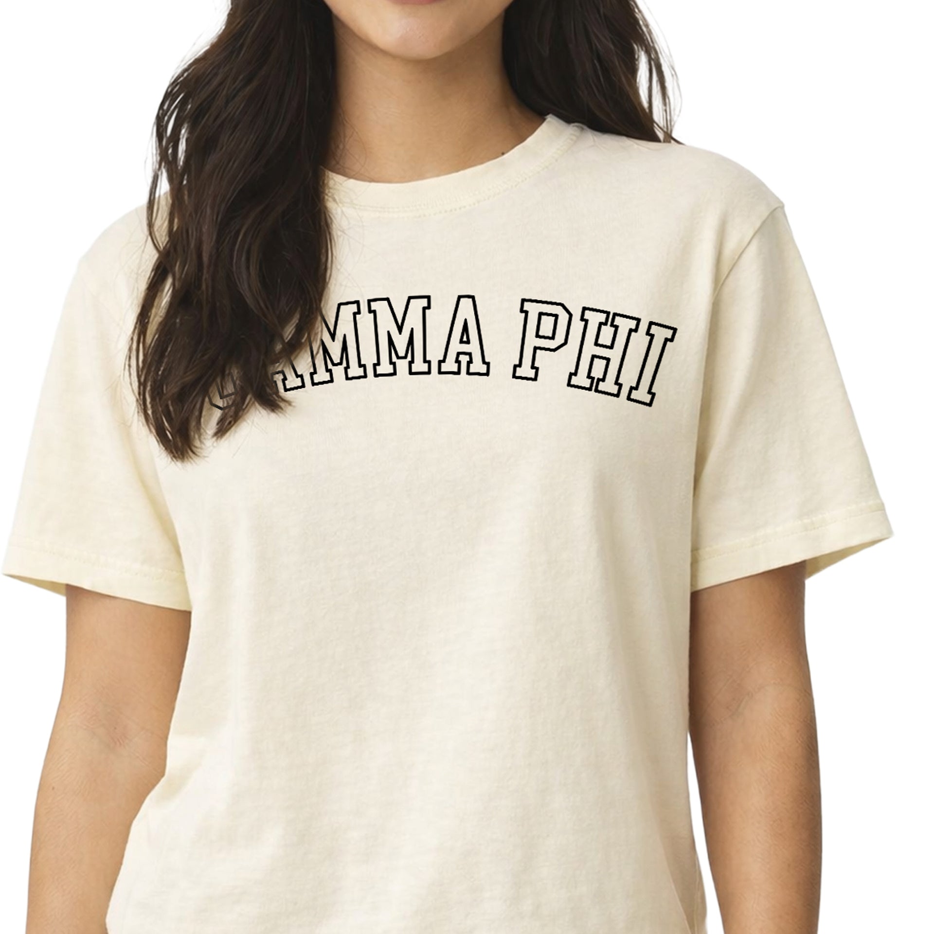 Gamma Phi Beta woman wearing an officially licensed Comfort Colors boxy crop t-shirt featuring the Gamma Phi sorority nickname design