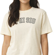Phi Sigma Sigma woman wearing an officially licensed Comfort Colors boxy crop t-shirt featuring the Phi Sig sorority nickname design