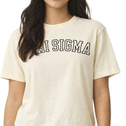 Sigma Sigma Sigma woman wearing an officially licensed Comfort Colors boxy crop t-shirt featuring the Tri Sigma sorority nickname design