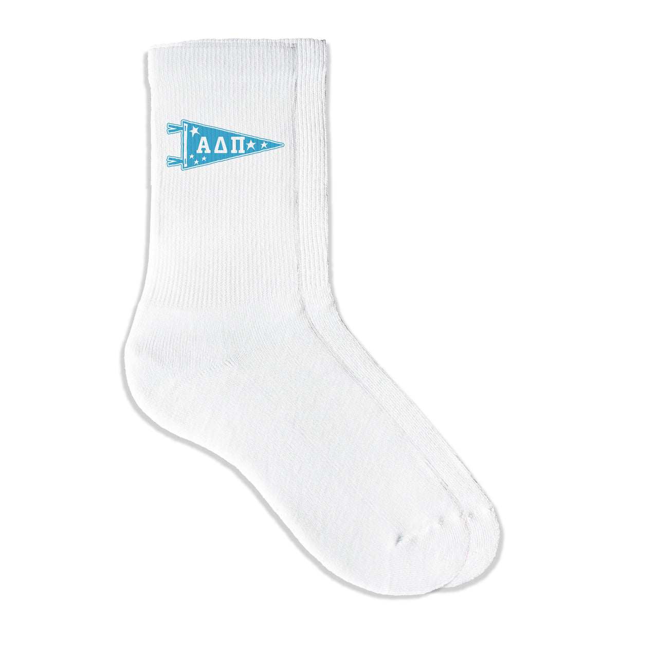Alpha Delta Pi collegiate pennant crew socks featuring ADPi Greek letters on white sporty crew socks