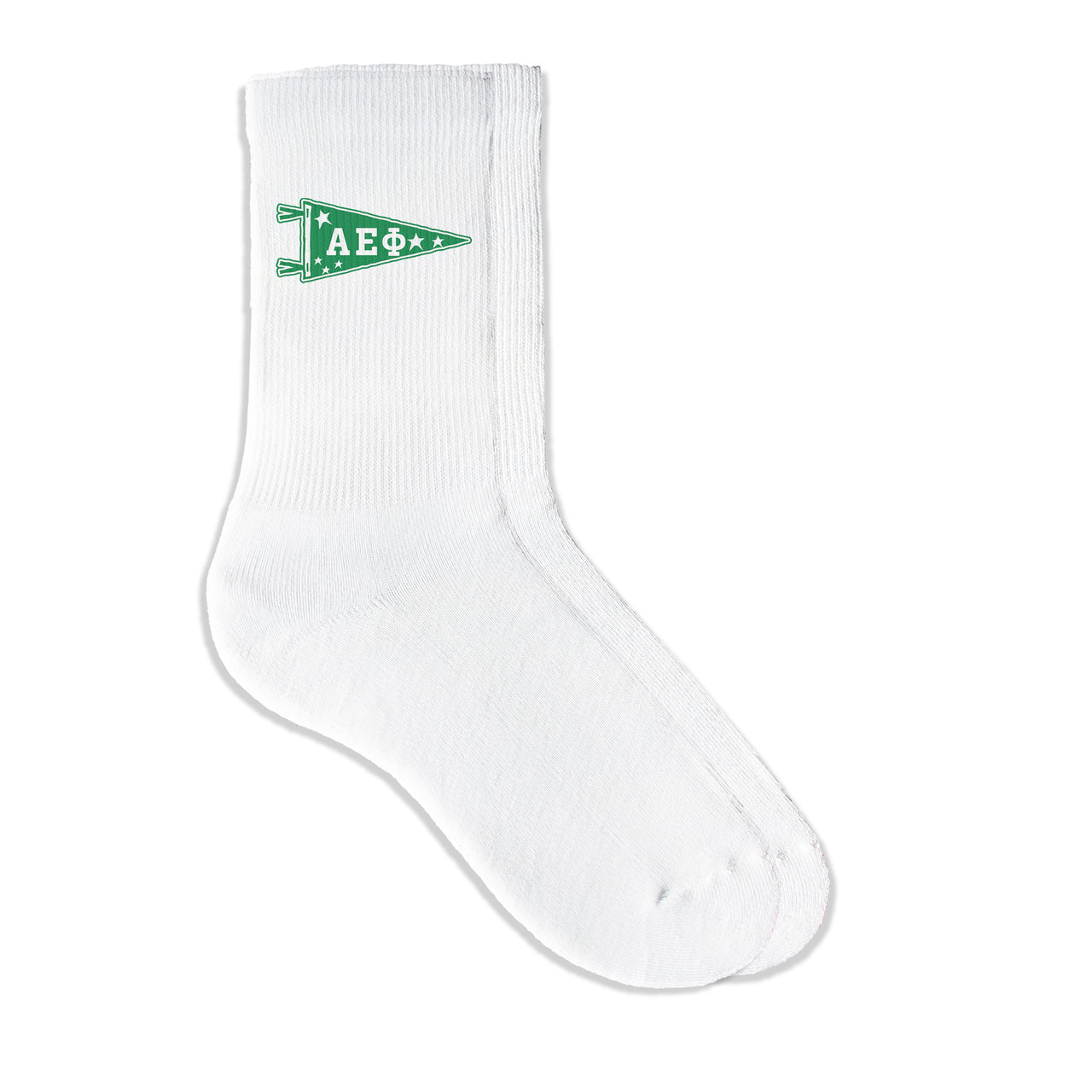 Alpha Epsilon Phi collegiate pennant crew socks featuring AEPhi Greek letters on white sporty crew socks