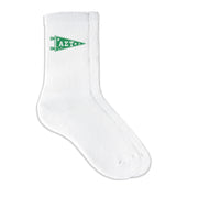 Alpha Sigma Tau collegiate pennant crew socks featuring AST Greek letters on white sporty crew socks