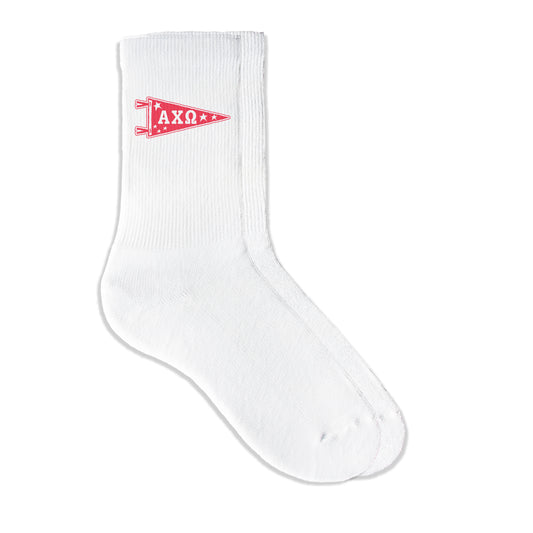 Alpha Chi Omega collegiate pennant crew socks featuring AXO Greek letters on white sporty crew socks