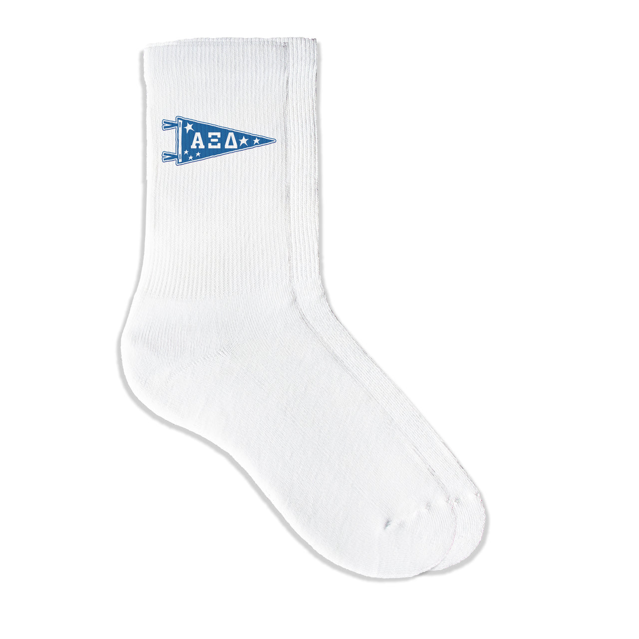Alpha Xi Delta collegiate pennant crew socks featuring Alpha Xi Delta Greek letters on white sporty crew socks