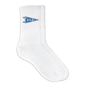 Alpha Xi Delta collegiate pennant crew socks featuring Alpha Xi Delta Greek letters on white sporty crew socks
