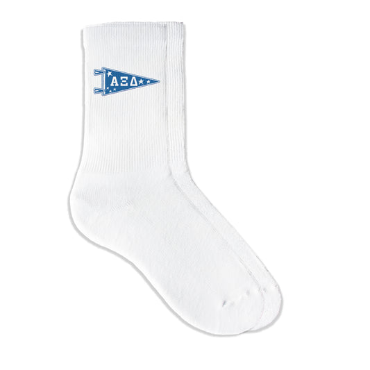 Alpha Xi Delta collegiate pennant crew socks featuring Alpha Xi Delta Greek letters on white sporty crew socks