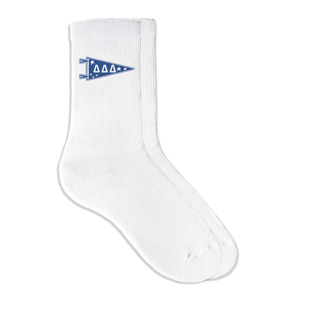 Delta Delta Delta collegiate pennant crew socks featuring Tri Delta Greek letters on white sporty crew socks