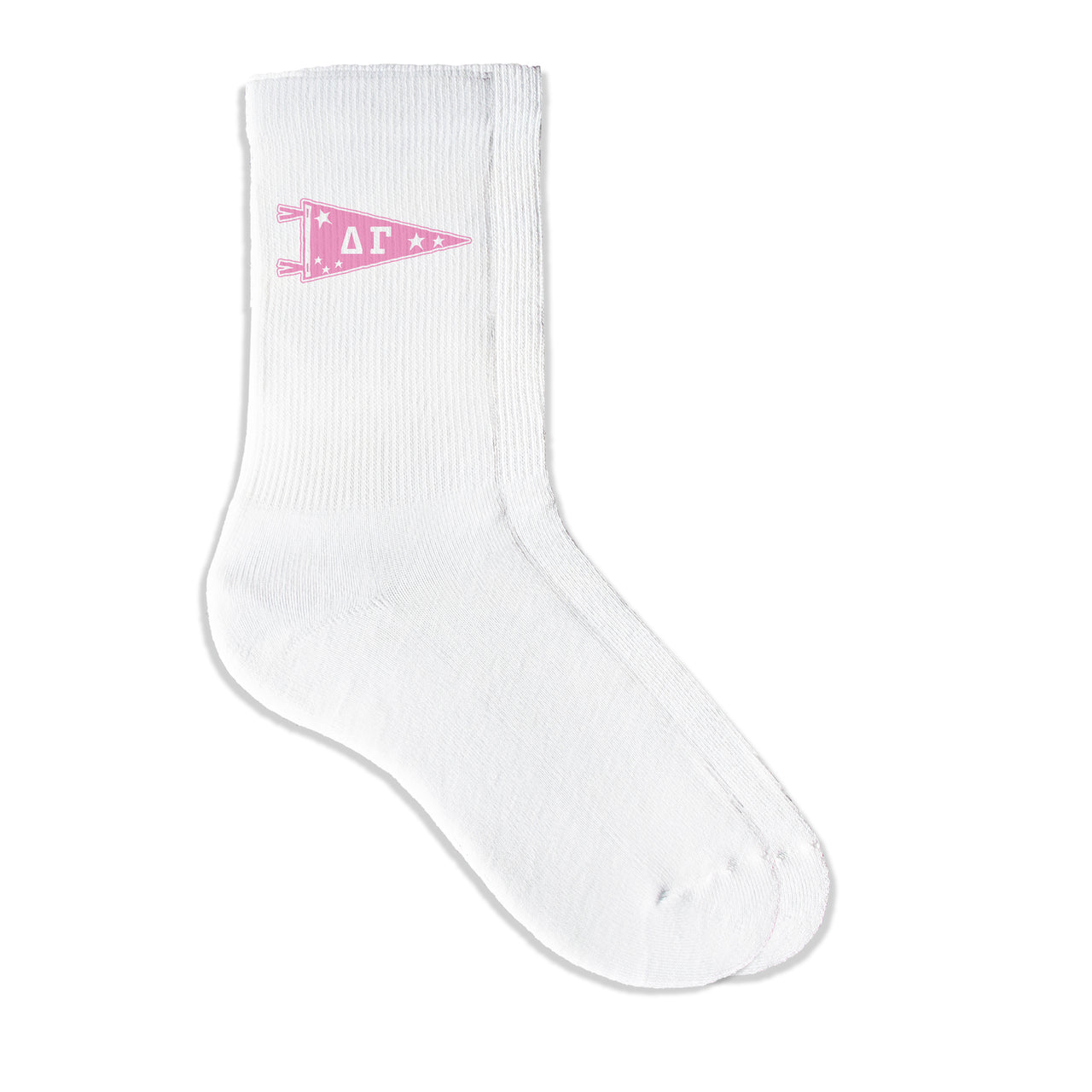Delta Gamma collegiate pennant crew socks featuring Delta Gamma Greek letters on white sporty crew socks