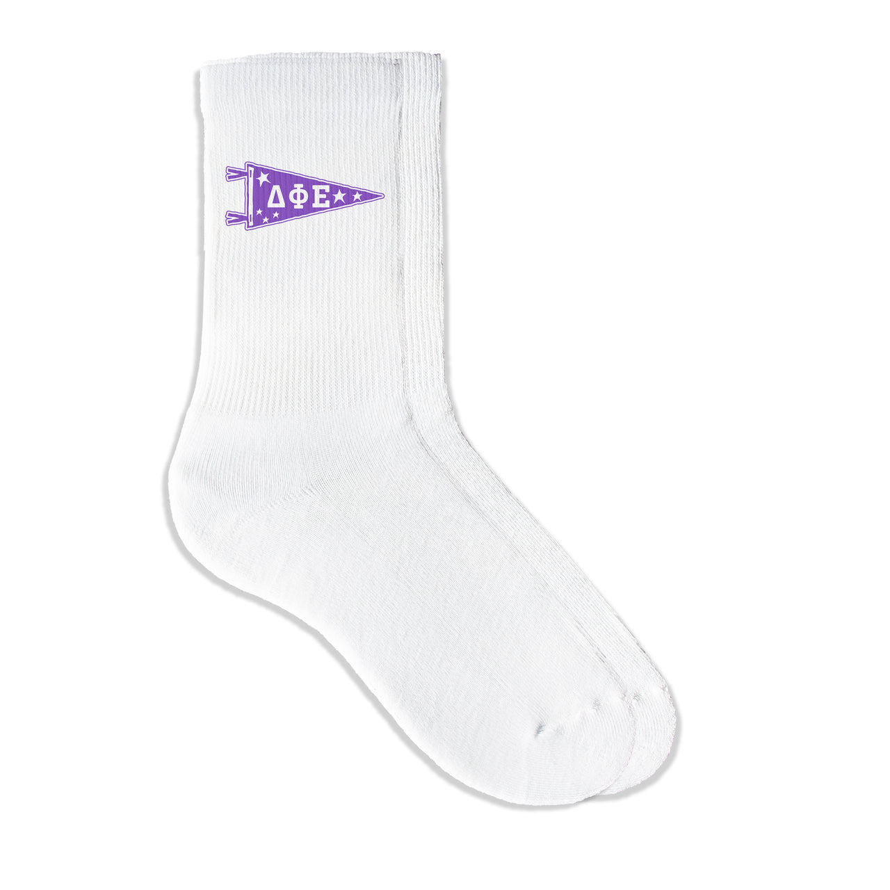 Delta Phi Epsilon collegiate pennant crew socks featuring DPhiE Greek letters on white sporty crew socks