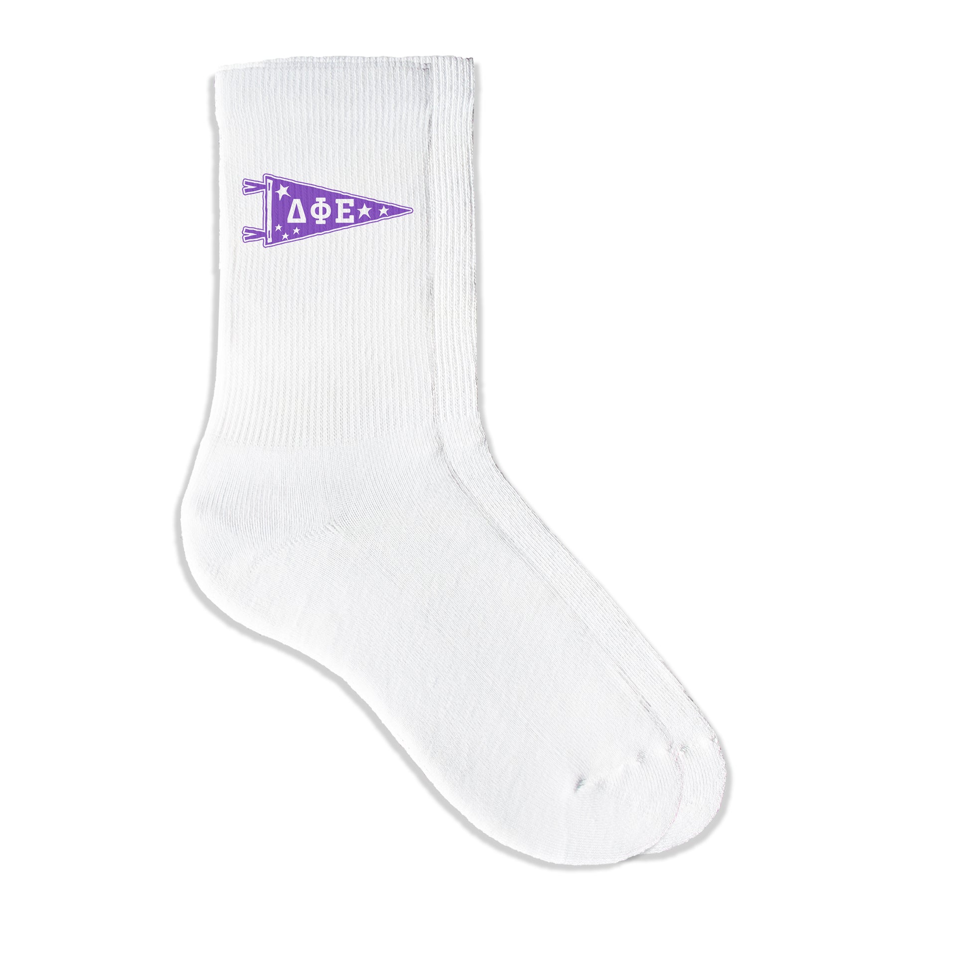 Delta Phi Epsilon collegiate pennant crew socks featuring DPhiE Greek letters on white sporty crew socks