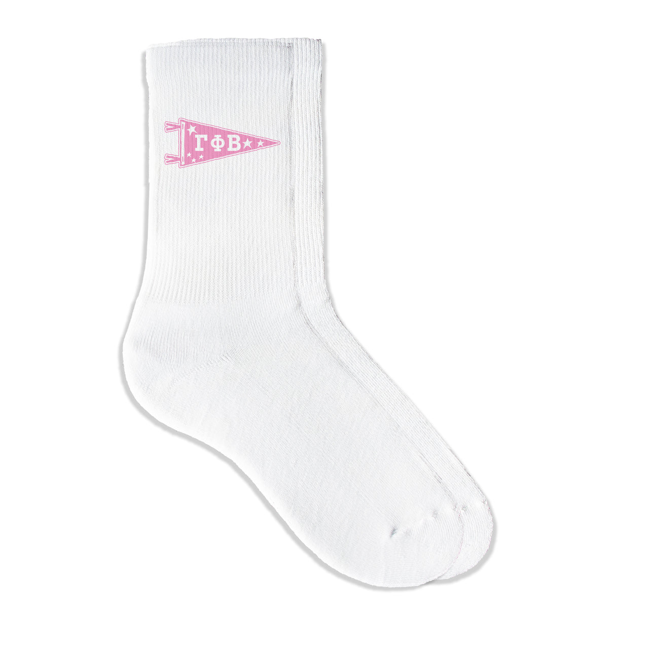 Gamma Phi Beta collegiate pennant crew socks featuring Gamma Phi Beta Greek letters on white sporty crew socks