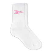 Gamma Phi Beta collegiate pennant crew socks featuring Gamma Phi Beta Greek letters on white sporty crew socks