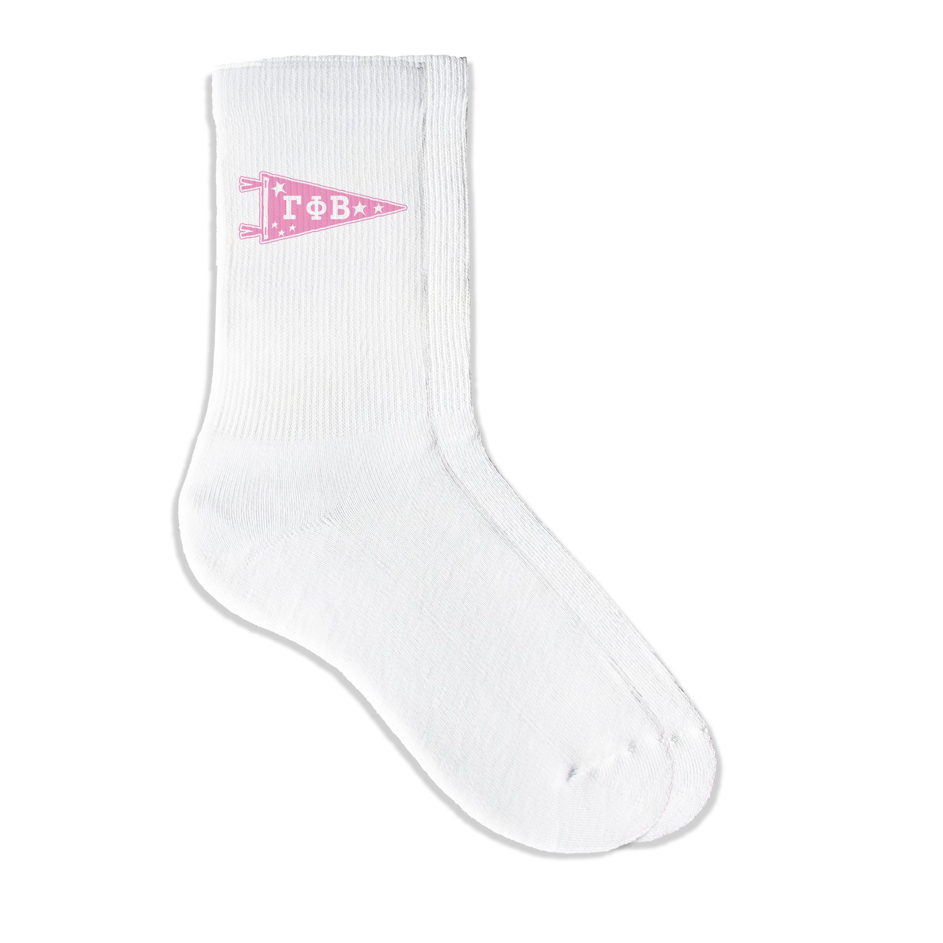 Gamma Phi Beta collegiate pennant crew socks featuring Gamma Phi Beta Greek letters on white sporty crew socks