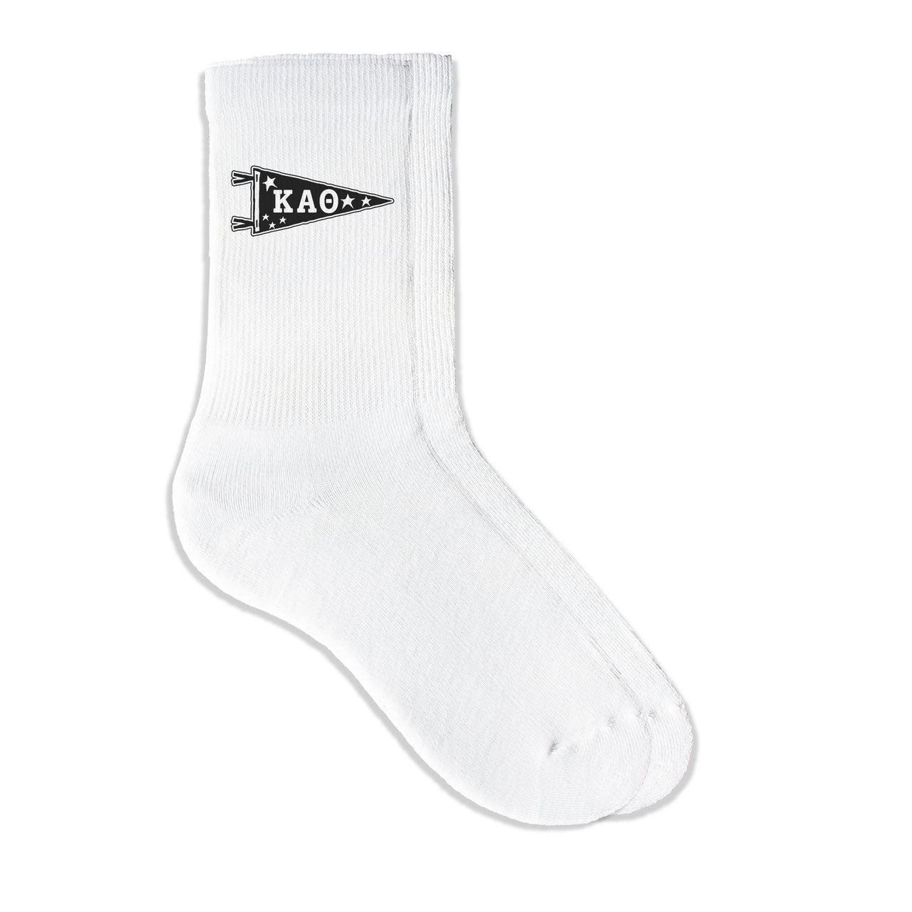Kappa Alpha Theta collegiate pennant crew socks featuring Kappa Alpha Theta Greek letters on white sporty crew socks