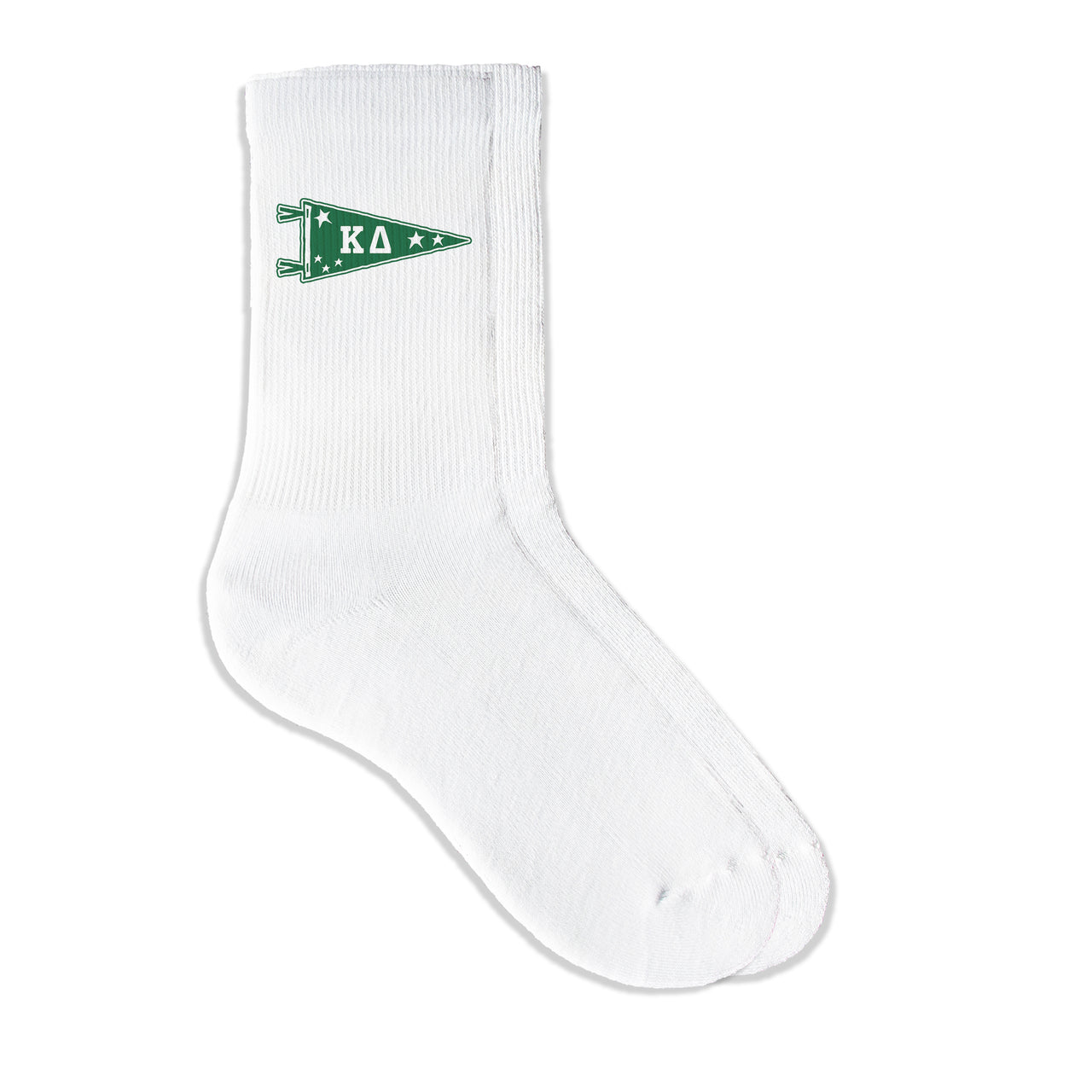 Kappa Delta collegiate pennant crew socks featuring Kappa Delta Greek letters on white sporty crew socks