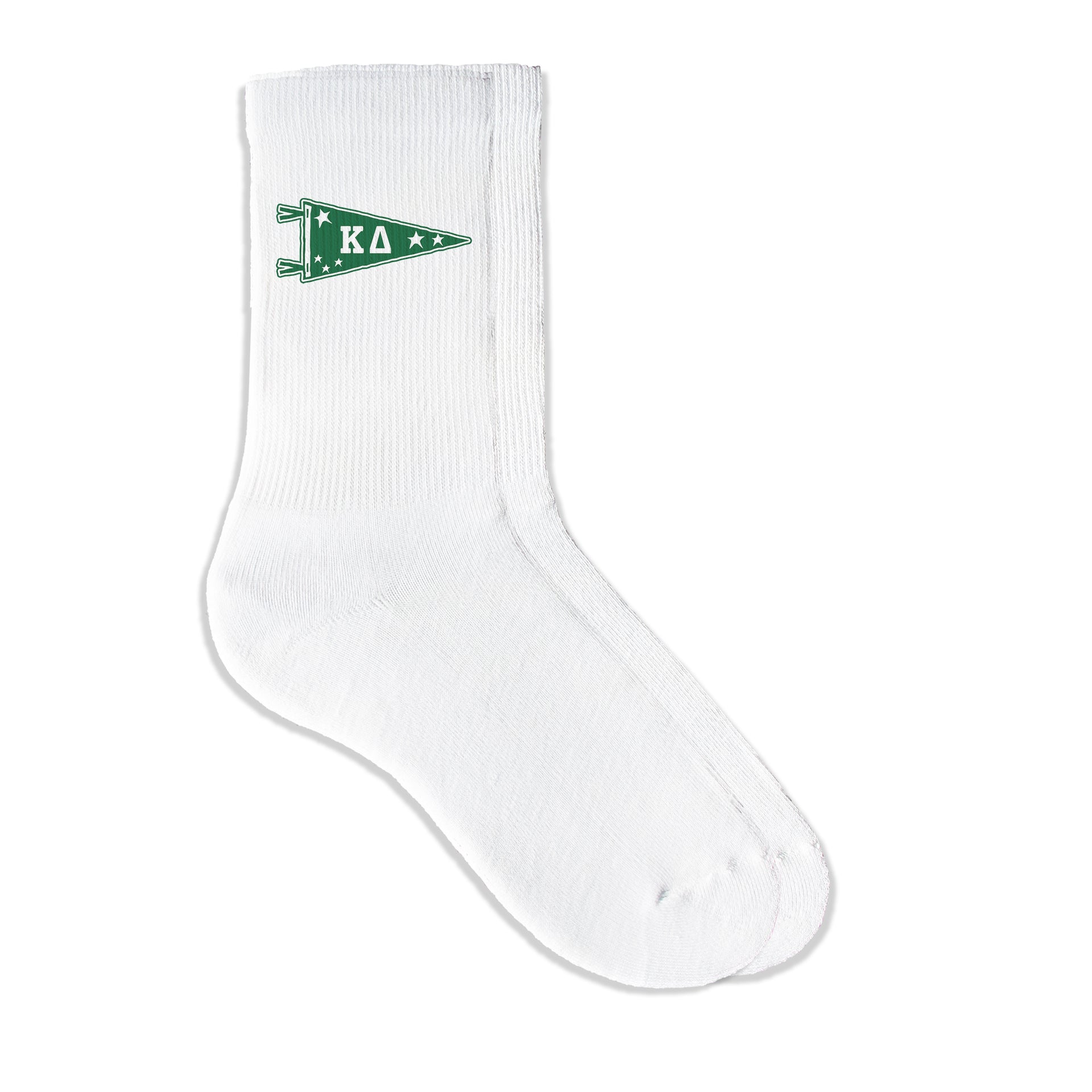 Kappa Delta collegiate pennant crew socks featuring Kappa Delta Greek letters on white sporty crew socks